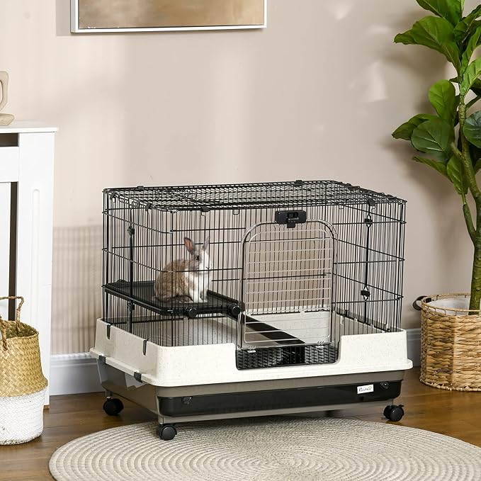 PawHut 26" Small Animal Cage with Wheels, 2-Level Portable Bunny Cage, Chinchilla Ferret Cage with Removable Tray, Platform and Ramp