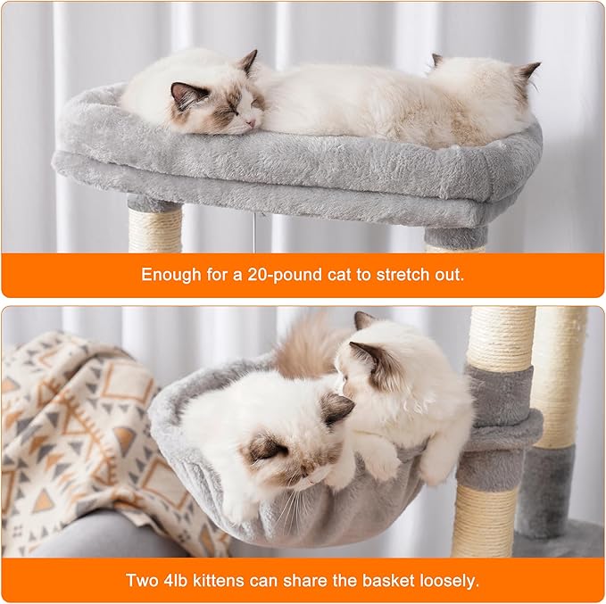 Heybly Cat Tree, 68 inch Multi-Level Cat Tower for Indoor Cats, 2 Widened Plush Perches Cat Condo with Scratching Board and Big Caves, Light Gray HCT025W