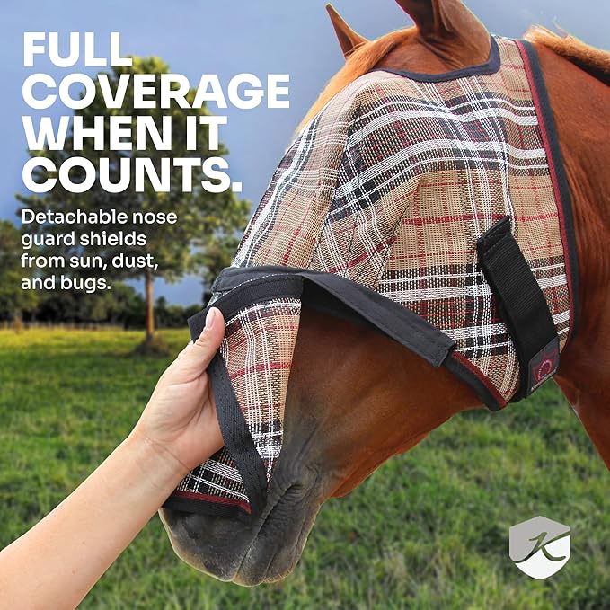 Kensington Signature Fly Mask with Removable Nose — Protects Horses Face and Nose from Biting Insects and UV Rays While Allowing Full Visibility — Ears and Forelock Able to Come Through The Mask