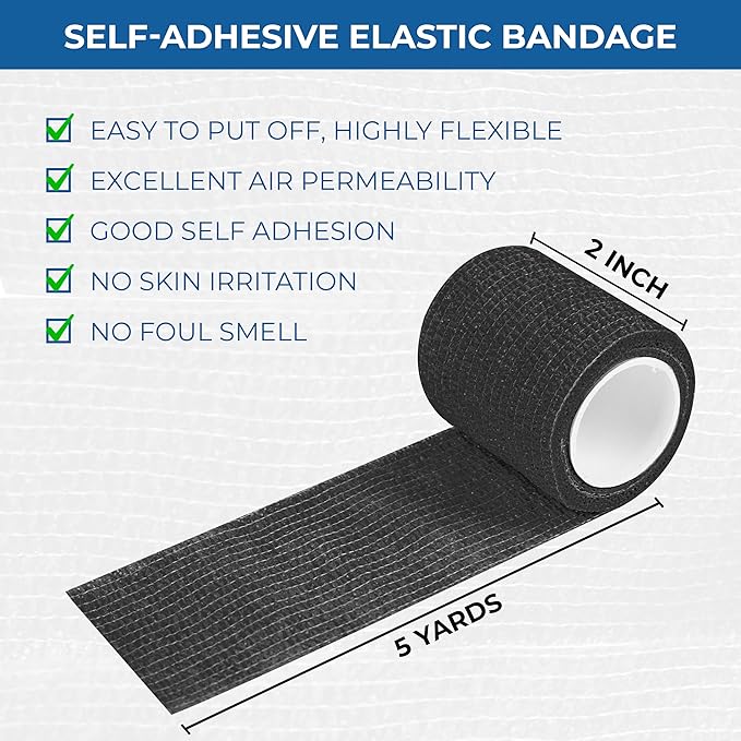 Self Adhesive Bandage Wrap - Pack of 12 Black Color, Non-Woven, Breathable & Water-Resistant Vet Wrap for First Aid, Sports Injury, Body Sprains, & Pets - 2 Inch x 5 Yards