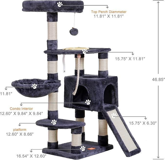 Heybly Cat Tree, Cat Tower for Indoor Cats with Scratching Board, Multi-Level Cat Furniture Condo with Feeding Bowl Smoky Gray HCT010SG