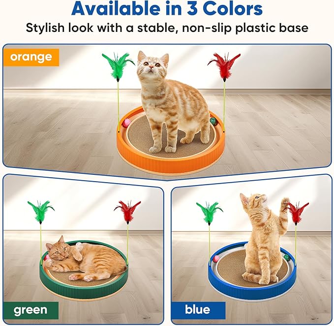 20-Inch Round Cat Scratcher with Ball Track – 3-in-1 Cardboard Scratching Pad with Feather Toy & Non-Slip Base – Interactive Cat Toy for Indoor Cats, Kittens & Large Cats (Blue)
