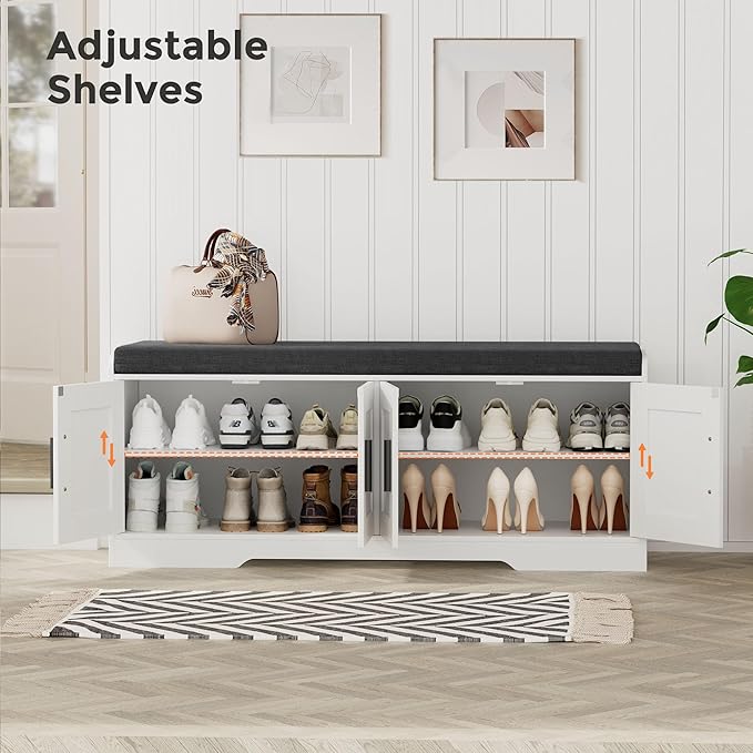 2-Tier Storage Bench, Shoe Bench with Thickened Padded Seat Cushion, Entryway Bench with 4 Doors, Adjustable Shelf, 13.8" D x 45.3" W x 18.5" H, for Entryway, Living Room, Bedroom, White