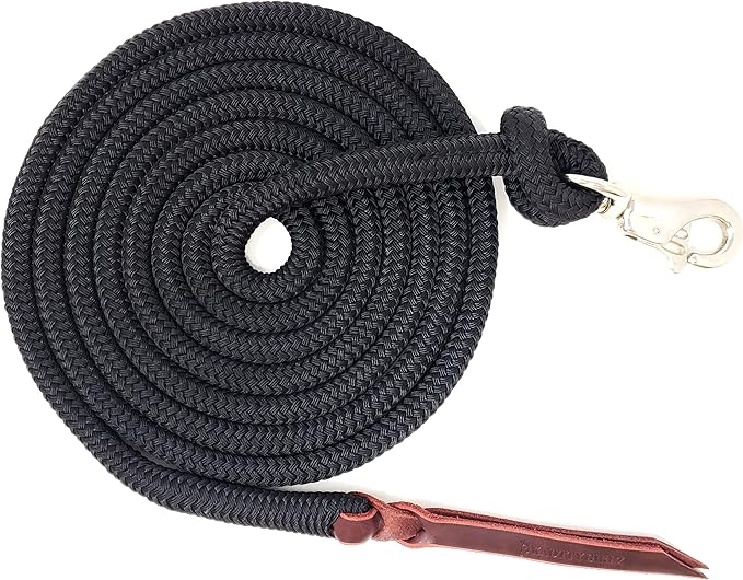 Premium 1/2" Samson EQ Yacht Braid Lead Rope with Nickel Trigger Bull Snap. Option for 12ft, 14ft and 16ft Lengths (Black, 12 FT)