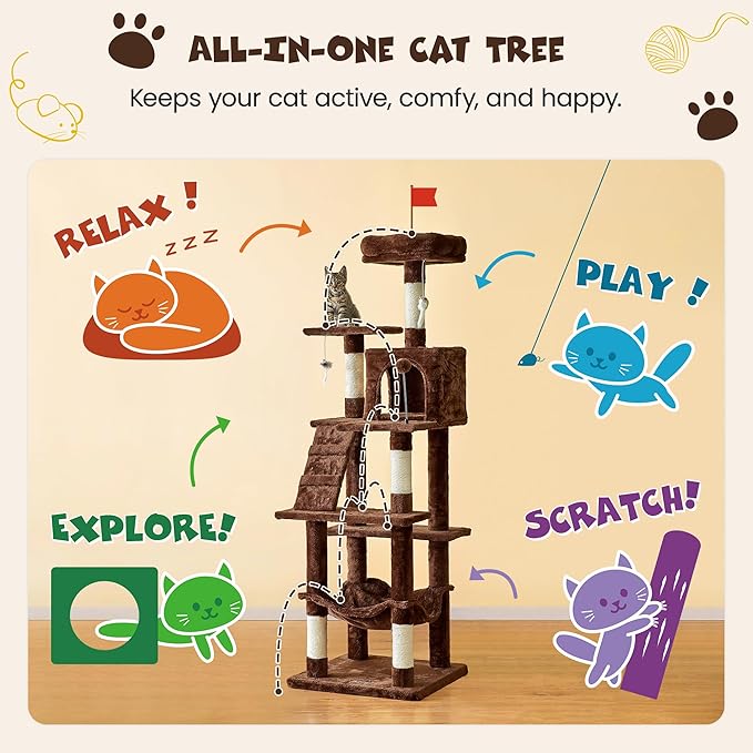 MWPO 63.8 inches Multi-Level Cat Tree for Large Cats with Sisal-Covered Scratching Posts, Padded Platform, Hammock and Condo,Stable Cat Tower Cat Condo Pet Play House (Brown)