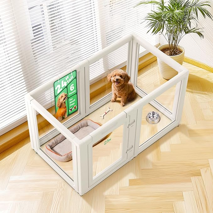 FXW AuraSpace Acrylic Indoor Unleashed Dog Playpen for Puppies and Small Dogs, 24 Inch, 6 Panels, White