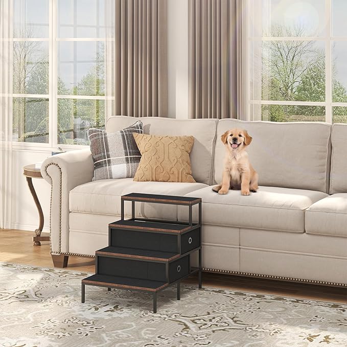 Dog Window Perch with 360° & Adjustable Raised Feeder, Pet Bunk Bed with Removable Stair and 2 Drawers, Elevated Platform Bed, Pet Elevated Seat with Cushion, Paw-Friendly Ladder