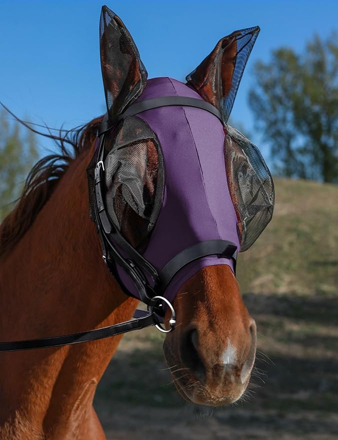 Horse Fly Mask with Ears, UV Protection for Horses, Elasticity with Big Mesh Eye Covers, Snug Fitting Comfortable Breathable Lightweight for Horses Deep Purple Full Size