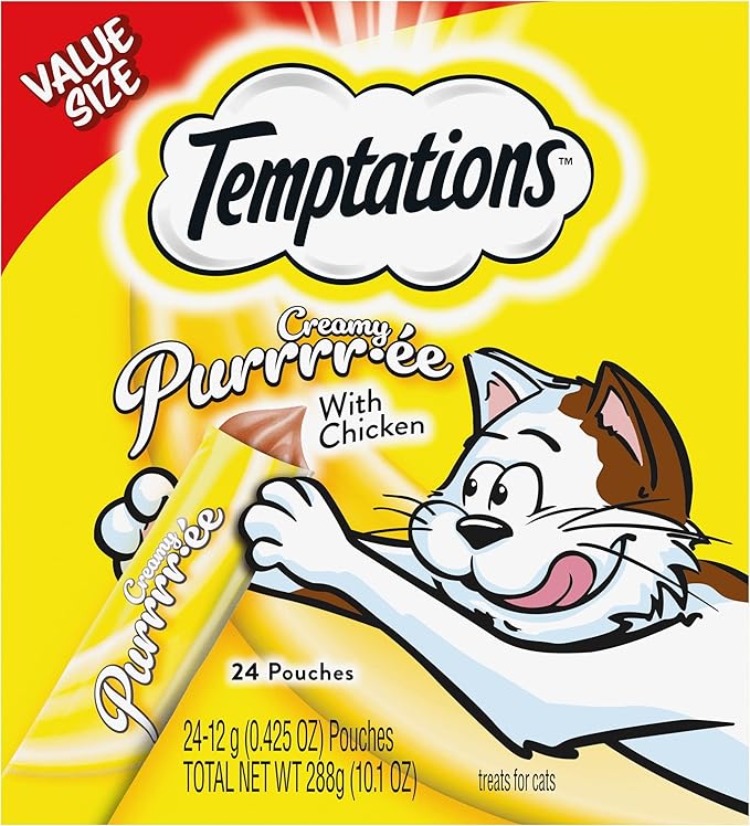 Temptations Creamy Puree Squeezable Lickable Wet Cat Treats with Chicken, 0.42 oz. Tubes, 24 Count