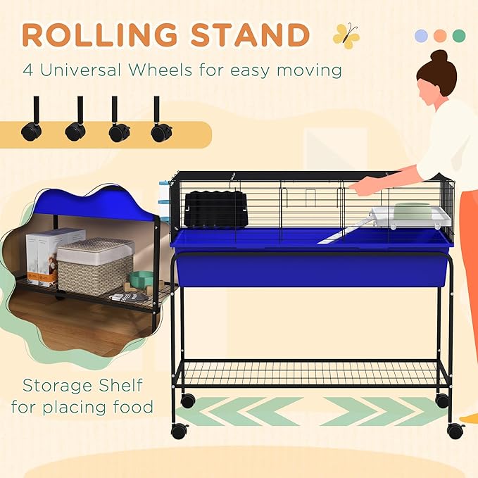 PawHut Two-Story Small Animal Cage Removable from Stand, Guinea Pig Cage with Shelf & Wheels, Pet Habitat for Hedgehog, Chinchilla, Ferret, 39" x 20.5" x 36.5", Blue