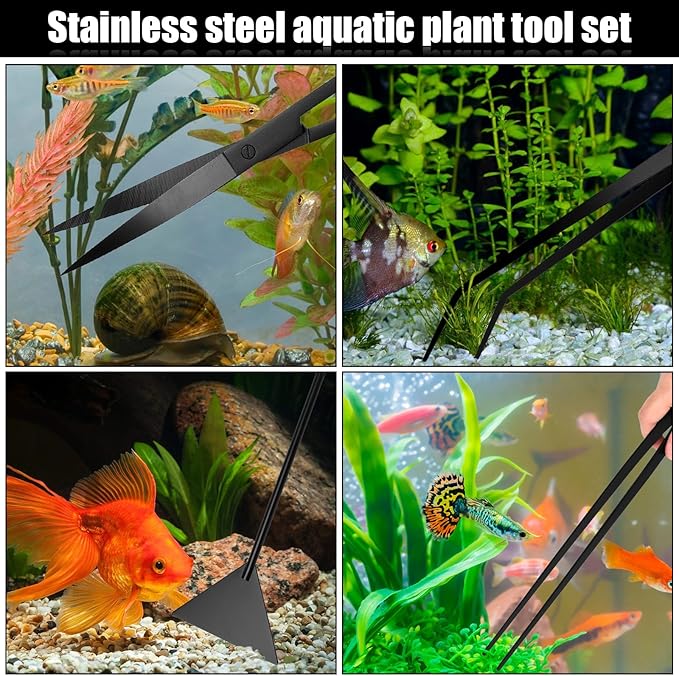 15Inch Extra Long Design Aquarium Aquascaping Tool Stainless Steel Aquascape Tools Kit 4 in 1 Anti-Rust Fish Tank Starter Kit with Long Tweezers Scissors Spatula for Aquarium Plants (Black)