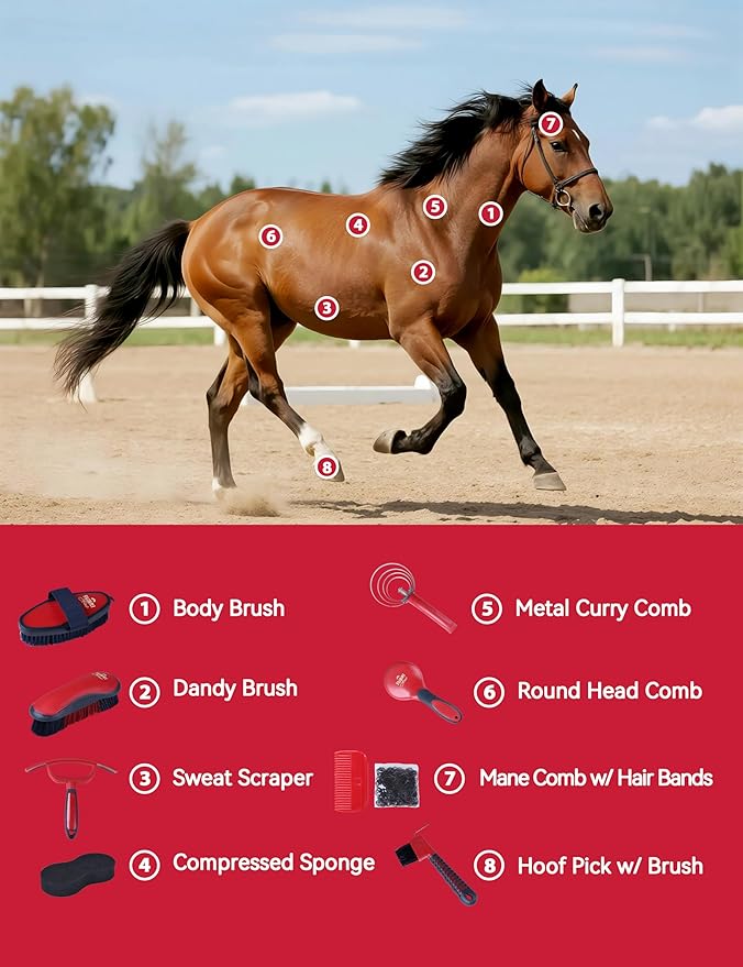 9PCS Horse Grooming Kit Curry Comb Sweat Scraper Horse Bathing Supplies Grooming Tools with Storage Bag Shadowberry
