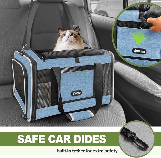 Cat Carrier 18 x 11 x 11 Top Loading Soft-Sided Pet Travel Bag Over 15lbs, Portable Small Dog Puppy Car Crate 10 lbs, Chihuahua Kennel Carry Case, Kitty Cloth Cage Medium Cat Under 25 Blue