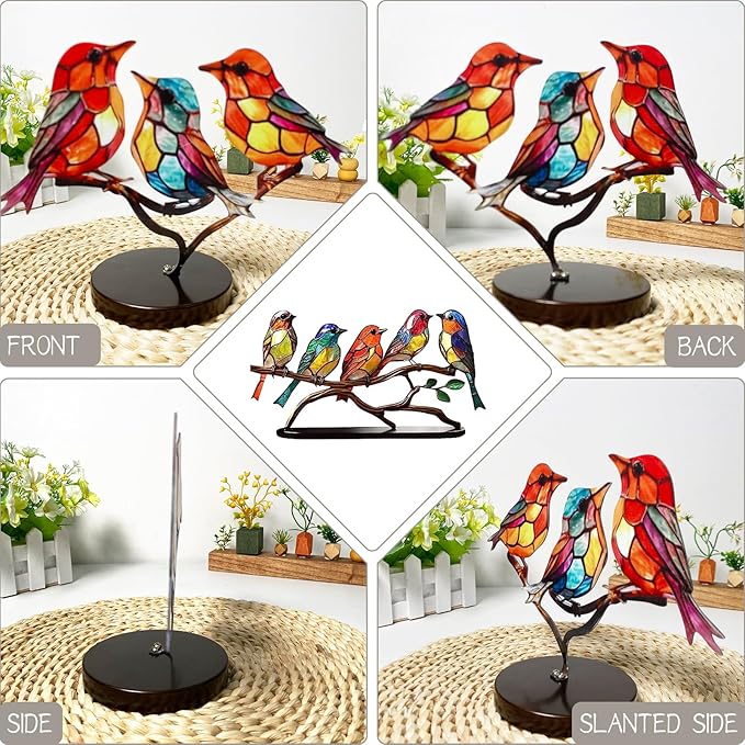 5 Birds on a Branch, Metal Desktop Decorations, Home Bird Decorations for Office, Window, Aviary, Garden, Gifts for Bird Lovers, Boxed Set.
