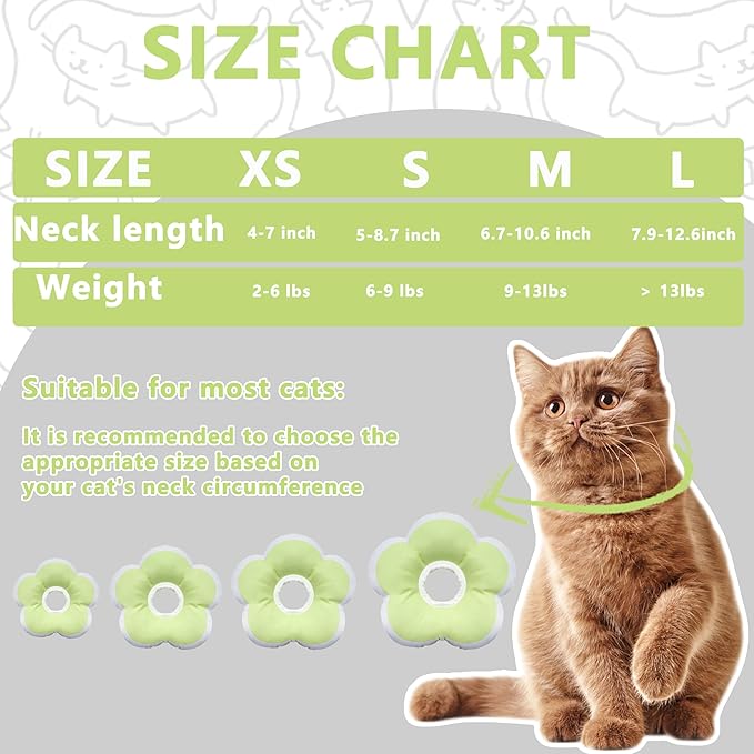 Cat Cone Collar Soft, Waterproof Cats Cones to Stop Licking After Surgery, Adjustable Soft Elizabeth Cats Collars for Wound Healing, Flower Shape Cat Recovery Collar (Green, Large)