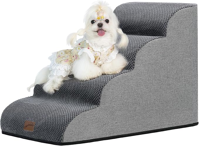 GoGoBunny Waterproof High Density Foam Curved Dog Stairs for High Beds Couches 19.7" H, 4-Step Ramp Dog Steps Friendly to Small Medium Dogs or Pets Joints, Non-Slip Balanced Durable Pet Step, Grey