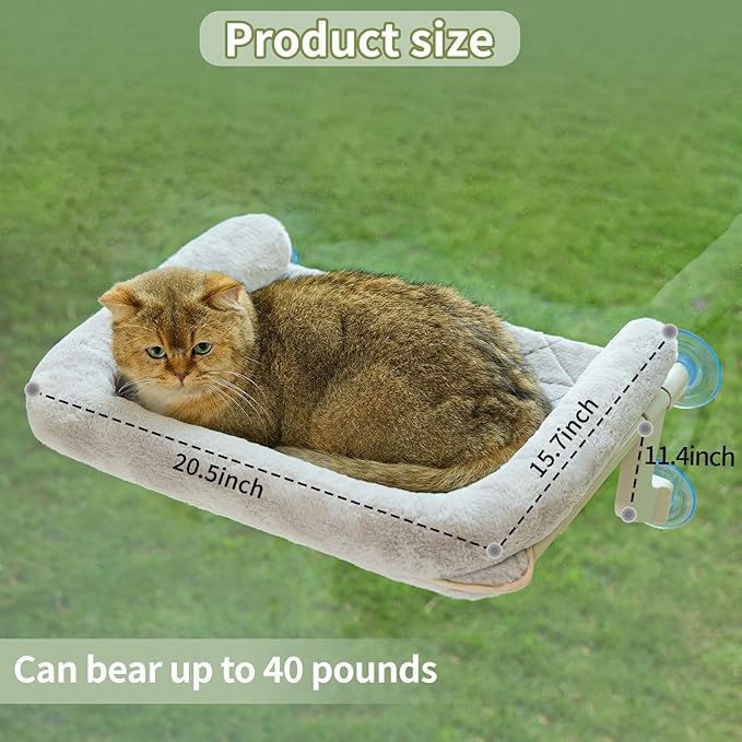 Cat Window Perch, Adjustable Cat Hammock for Large Cats, Mounts on Window Sills, Bedside, or Glass, Easy Installation and Removal, Washable Cushion Cover (20.5" W×15.7" L, Gray)