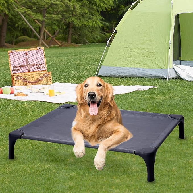 Outdoor Elevated Bed for Large Medium Dogs, Easy to Assemble With Portable Bag, Raised Cot With Pet-Friendly Feet, Breathable Mesh for Camping or Travel, Dark Grey
