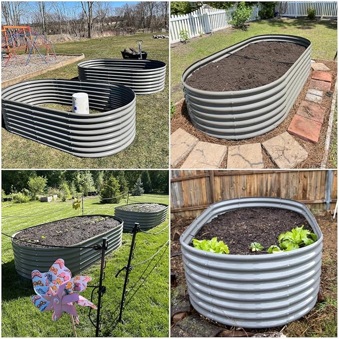 A ANLEOLIFE 8X4X2 ft Galvanized Raised Garden Beds Outdoor, Oval Large Metal Deep Root Planter Box for Planting Vegetables Flowers Herb, Anti-Rust & Easy-Setup, Quartz Grey