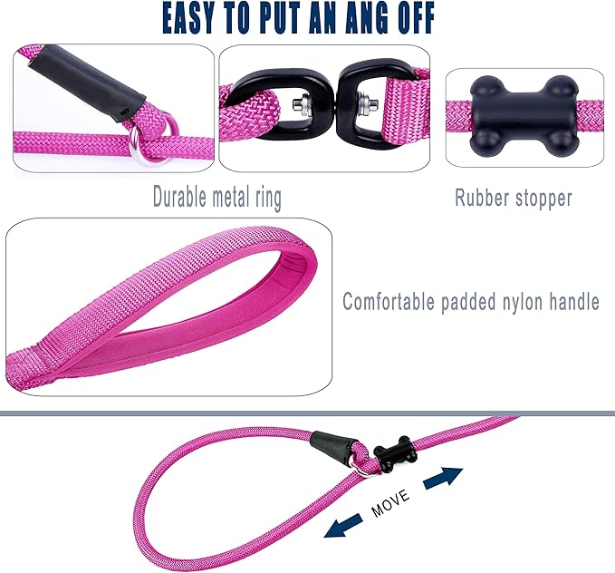 Slip Lead Dog Leash，Strong Nylon Rope Leash and Padded Handle,No Pull Outdoor Walking Training Lead for Small Medium Large Dogs(Fuchsia, 1/2"×6ft)