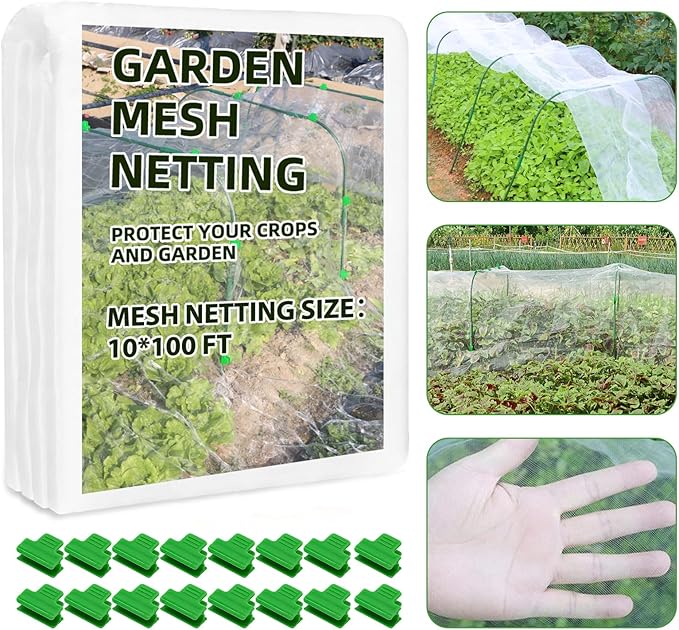 Garden Netting Mesh, 10X100 FT Garden Netting with 16 Cilps & Ultra Fine Mesh Net Bird Barrier Protection for Garden Vegetables Flowers Shrubs Fruit Trees Indoors & Outdoors Plant Beds Greenhouse