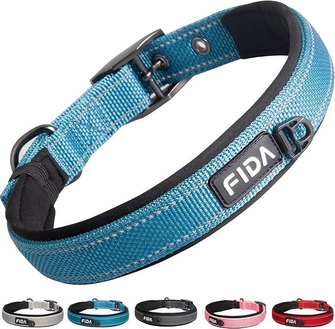 Fida Heavy Duty Dog Collar, Ultra Comfortable Soft Neoprene Padded, Adjustable Reflective Nylon Pet Collar with Durable Metal Belt Buckle for Large Breeds (L, Blue)