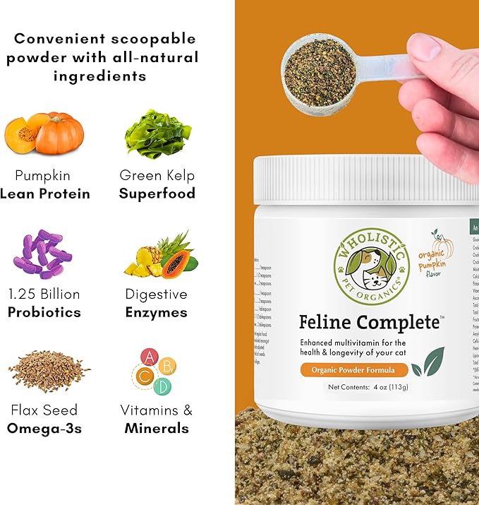 Wholistic Pet Organics Feline Complete Organic Pumpkin - 4 Oz - Multivitamin & Probiotic Powder for Cats - Natural Cat Food & Digestive Support