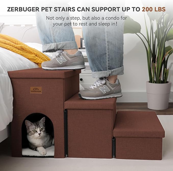 Dog Stairs with Condo 18" H, 3-Step Wider Dog Steps for High Beds Couch, Folding Storage Pet Stairs Gift for Small/Medium/Large Old Dogs Cats, Ramp for Climbing Car Up to 200 lbs, Brown