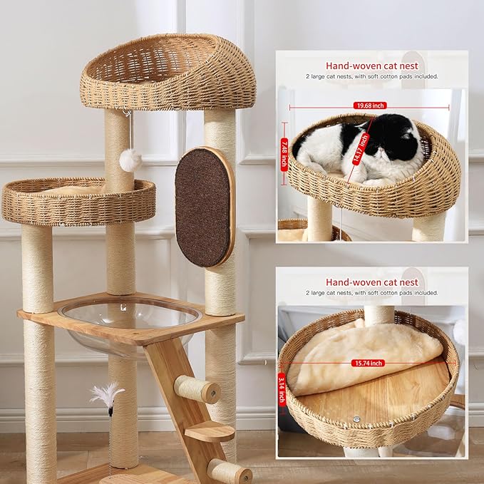 Solid Wood Cat Tree, 50 Inch Modern Cat Tower with Space Capsule, Hand-Woven Basket Nest, Sisal Posts & Scratching Board, Heavy-Duty Multi-Level Indoor Tower
