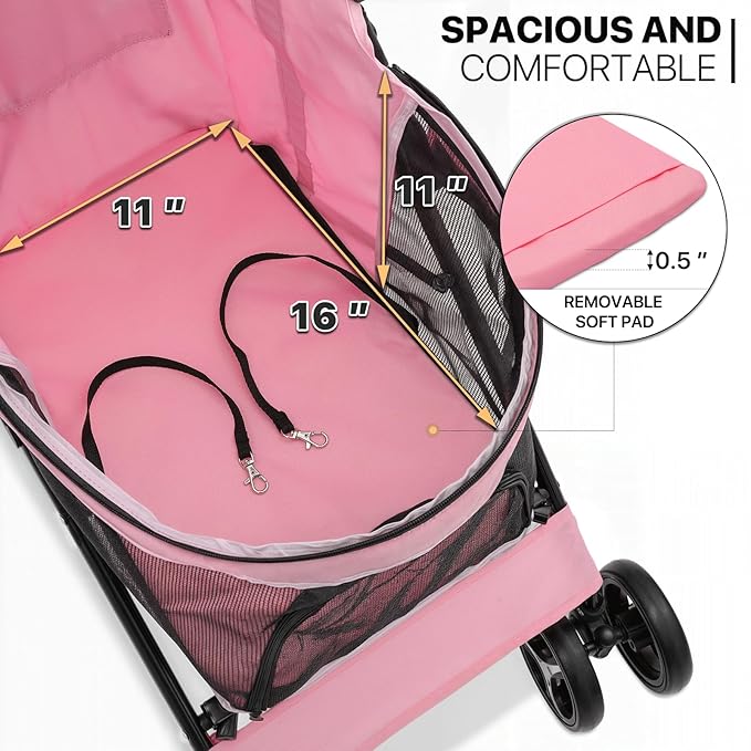 MoNiBloom 4 Wheels Pet Stroller, Easy-Fold Puppy Cage Jogger Stroller with Sun Cover, Pad and Rear Storage Bag, Breathable and Visible Mesh for Small/Medium Pets up to 22 lbs, Pink
