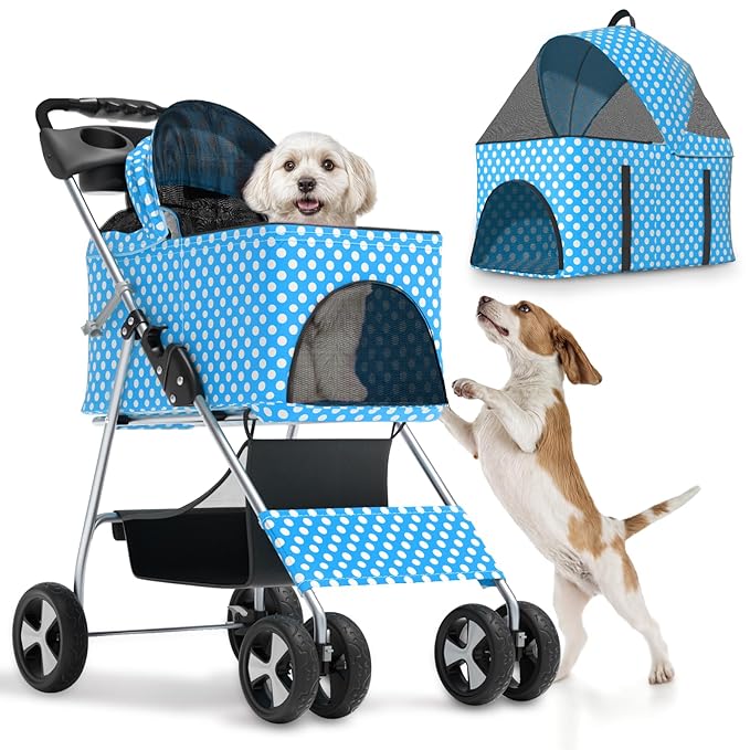 Magshion Foldable Pet Stroller, 3-in-1 Dog Travel Jogger with Detachable Carrier, Cup Holder, Storage Basket, Folding Carrier for Small/Medium Dogs & Cats Up to 33 lbs, Sky Blue Polka Dots
