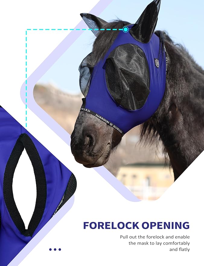Harrison Howard Horse Fly Mask with Forelock Opening Stretch Breathable and Comfortable for Horses UV -Protection Navy M
