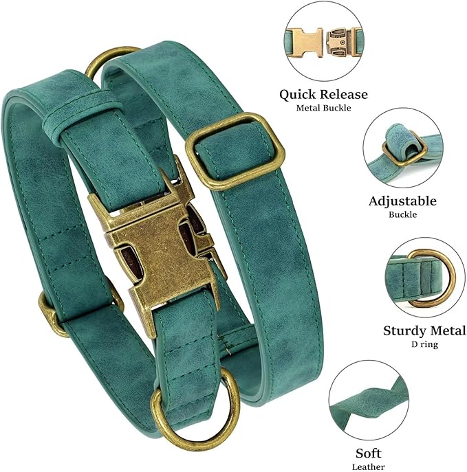 Didog Soft PU Leather Dog Collar, Stylish Quick Released Dog Collars for Medium Dogs, Easy Clean Adjustable Pet Collar for Daily Walking, Green, M Fit 13-21" Neck