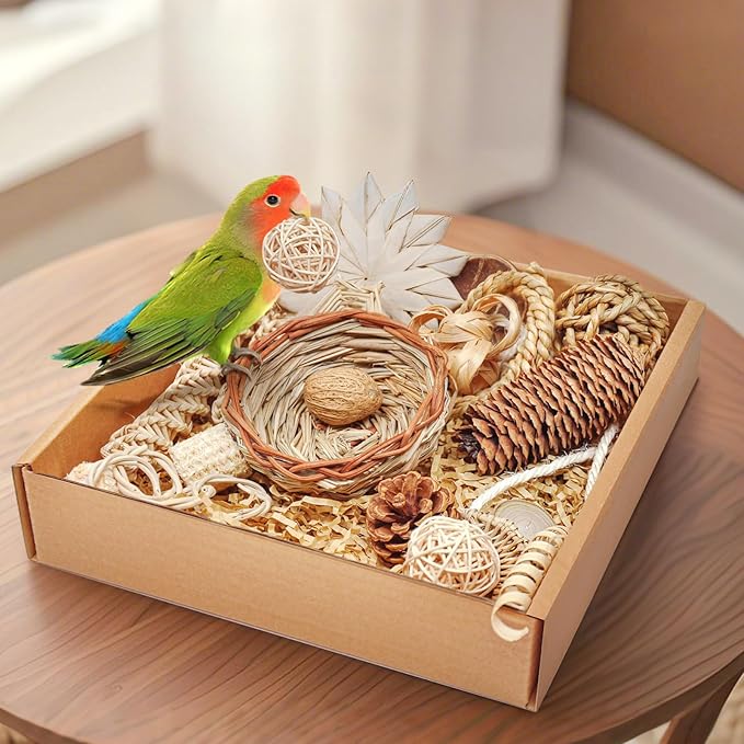 Natural Bird Foraging & Shredding Toys Box - Handmade Rattan Chewing Toys for Parakeets, Cockatiels, Conures, Lovebirds & Small to Medium Birds