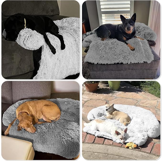 GGIB Calming Dog Bed Fluffy Plush Dog Mat for Furniture Protector with Removable Washable Cover for Large Medium Small Dogs and Cats (Medium, Grey)