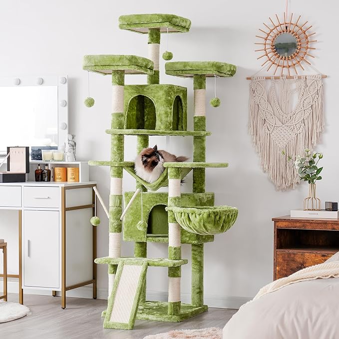 Hey-brother Cat Tree, 71 inches XL Large Cat Tower for Indoor Cats, Multi-Level Cat House with 3 Padded Perches, Big Scratcher, Cozy Basket, 2 Cat Condos and Scratching Posts, Green MPJ034GR