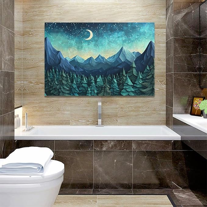 Quorin Abstract Mountain Large Wall Art Forest Moon Starry Night Sky Pictures Nature Landscape Wall Decor Canvas Print Painting Artwork for Bathroom Living Room Bedroom 30"x60"