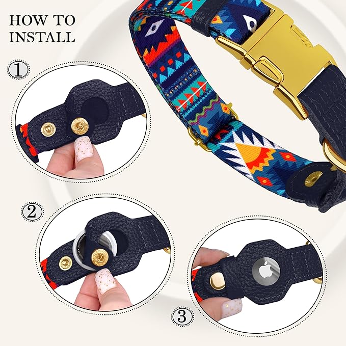 AirTag Dog Collar for Small Medium Large Breed - Adjustable Cute Pattern Dog Collar with Airtag Holder - Soft Leather Tracker GPS Apple Air Tag Pet Collars (X-Small, 9"-12" Neck Fit, Navajo)