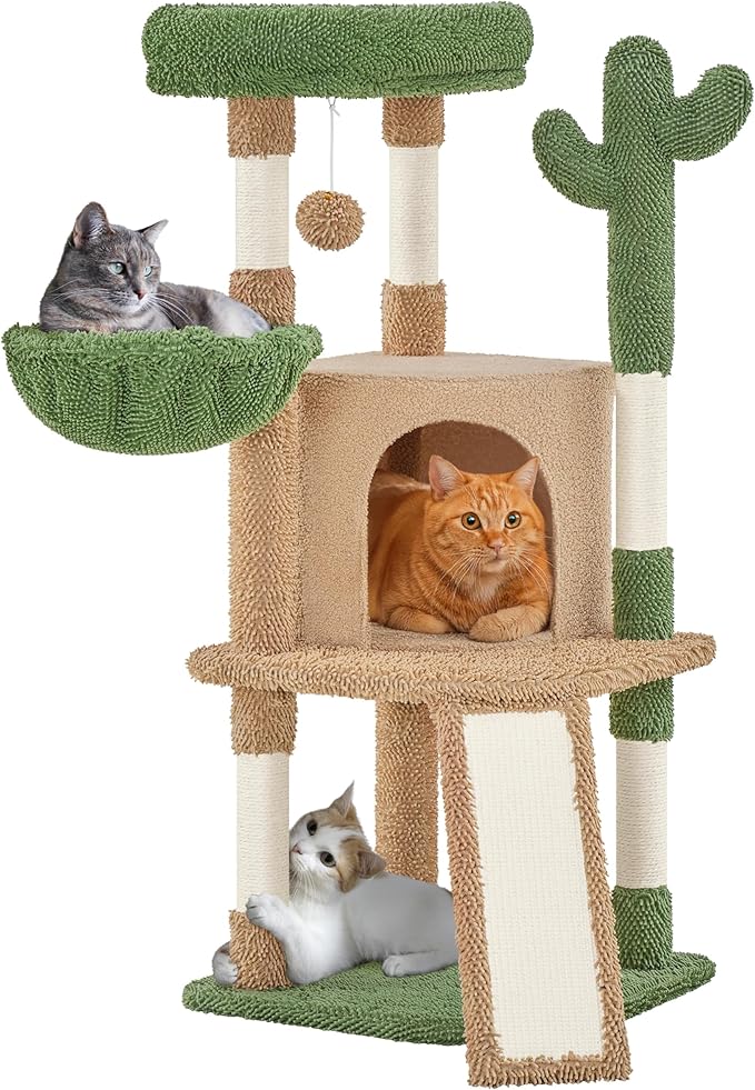 Yaheetech Cactus Cat Tree, 42in Cat Tower for Indoor Cats, Multi Level Kitten Condo Scratching Post, Pet Activity Center Furniture w/Ball, Plush Perch, Platform, Basket, Brown/Green