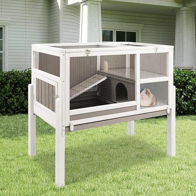 Guinea Pig Cages Hamster Cage Indoor with Stand, Chew Proof Rabbit Cages Habitat for Small Animals with Pull Out Tray, Detachable Legs, Large Guinea Pig House with Ramp, Hideout
