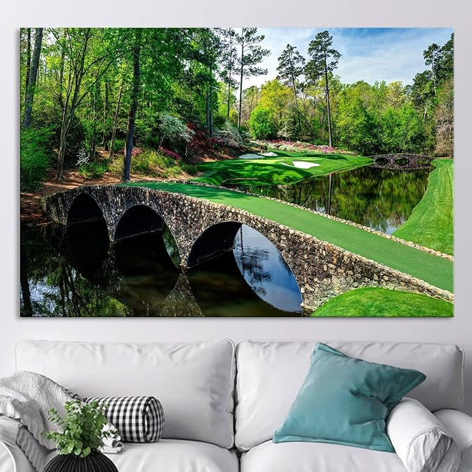 Nature Wall Art Prints - Ocean Forest Mountain Lake Canvas Landscapes - Small to Extra Large Living Room Bedroom Kitchen Bathroom Décor (Golf Course with Stone Bridge, 31L" x 47W")