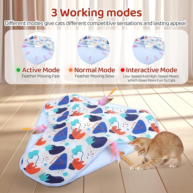 Interactive Cat Toys, Rechargeable Hide and Seek Cat Toys, Durable Stable Base Touch Activated Kitten Toy with Bird Cat Wand, Waving Concealed Feather Exercise Toy for Indoor Bored Cats/Kitten