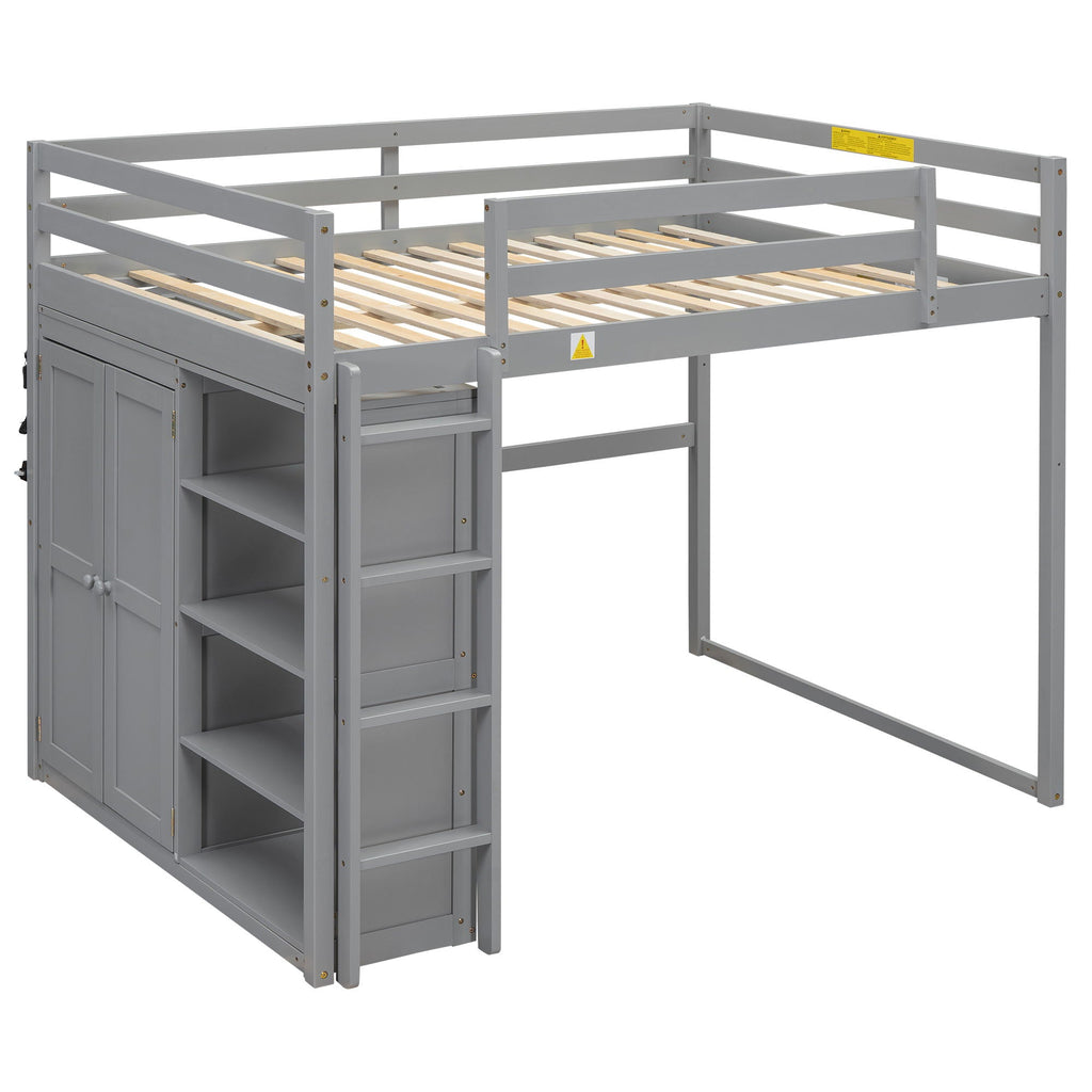 Loft Bed With Built In Wardrobe, Storage Shelves, And LED Light