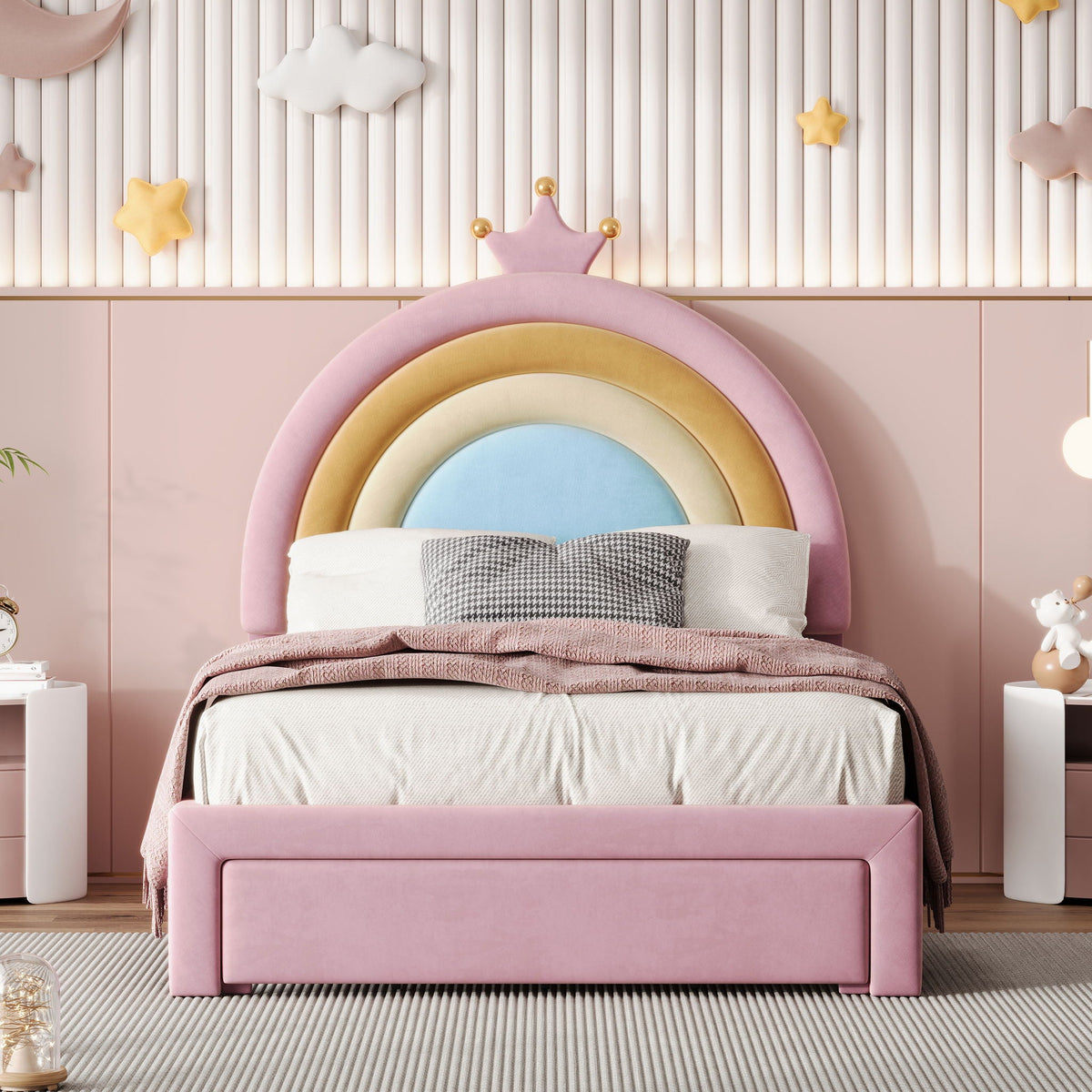 Upholstered Rainbow Design Bed, Princess Platform Bed With Storage Drawer