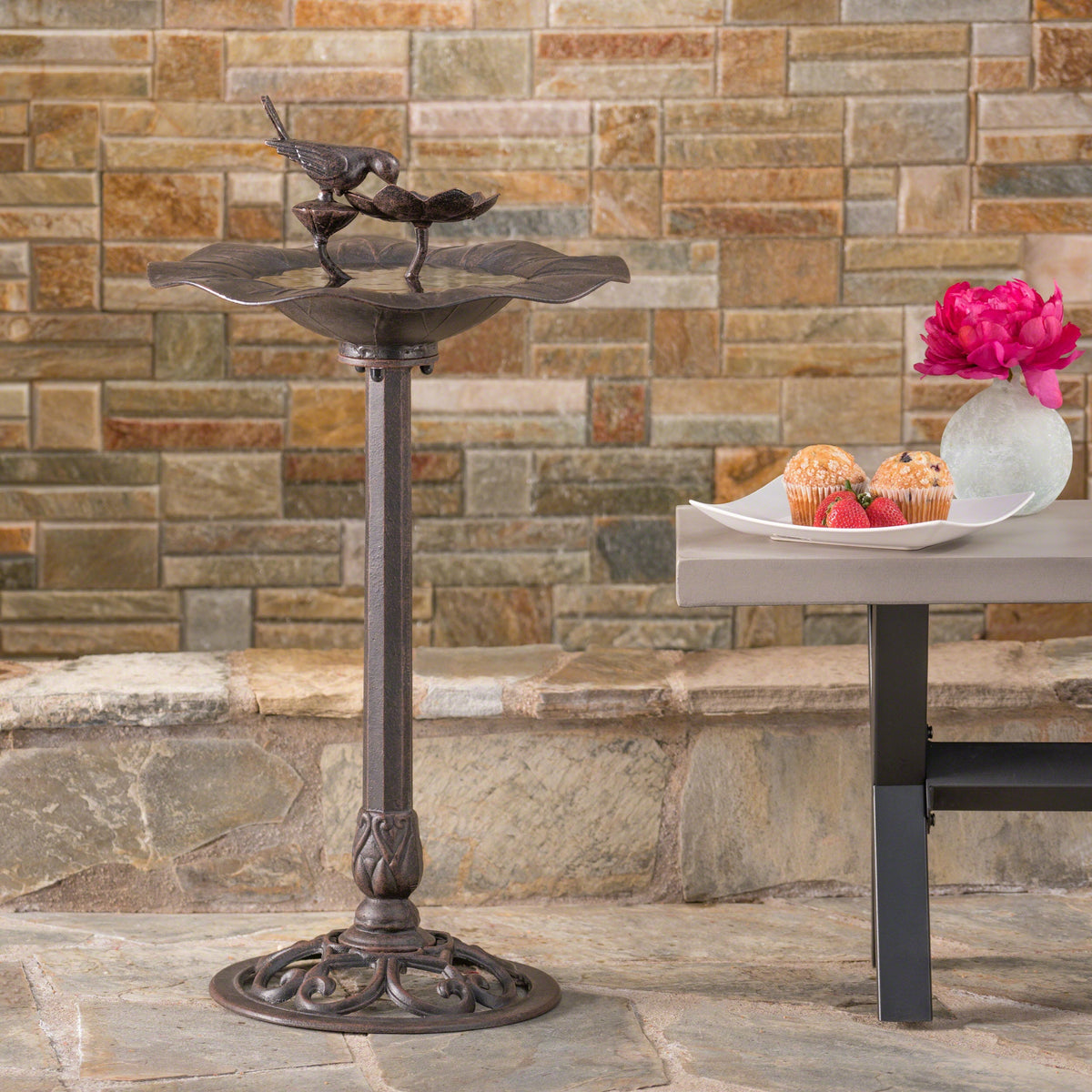 Lancaster Outdoor Aluminum and Iron Top Bird Bath with Iron Base, Bronze