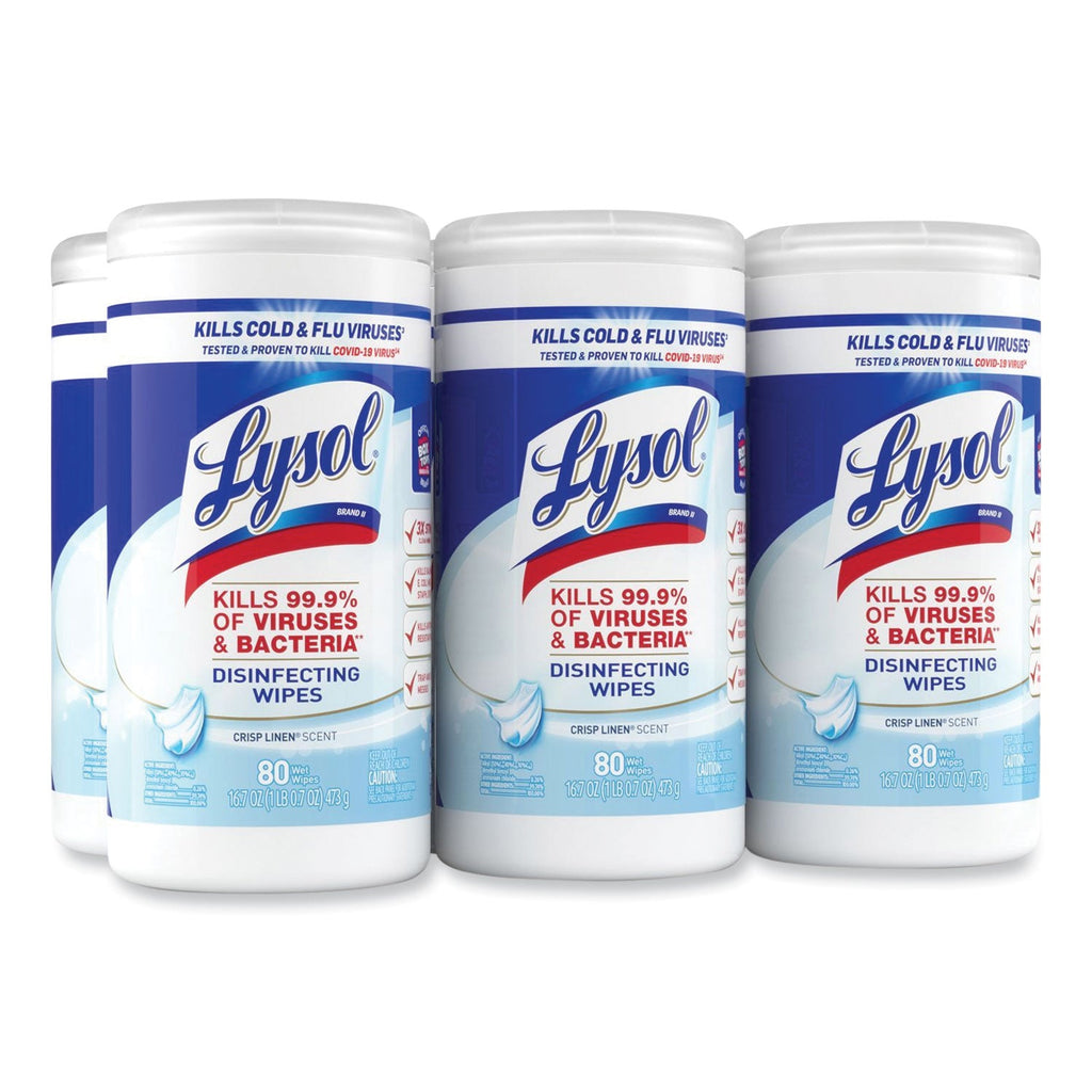 LYSOL Disinfecting Wipes, 7 x 7.25, Crisp Linen, 80 Wipes/Canister, 6 Canisters/Carton