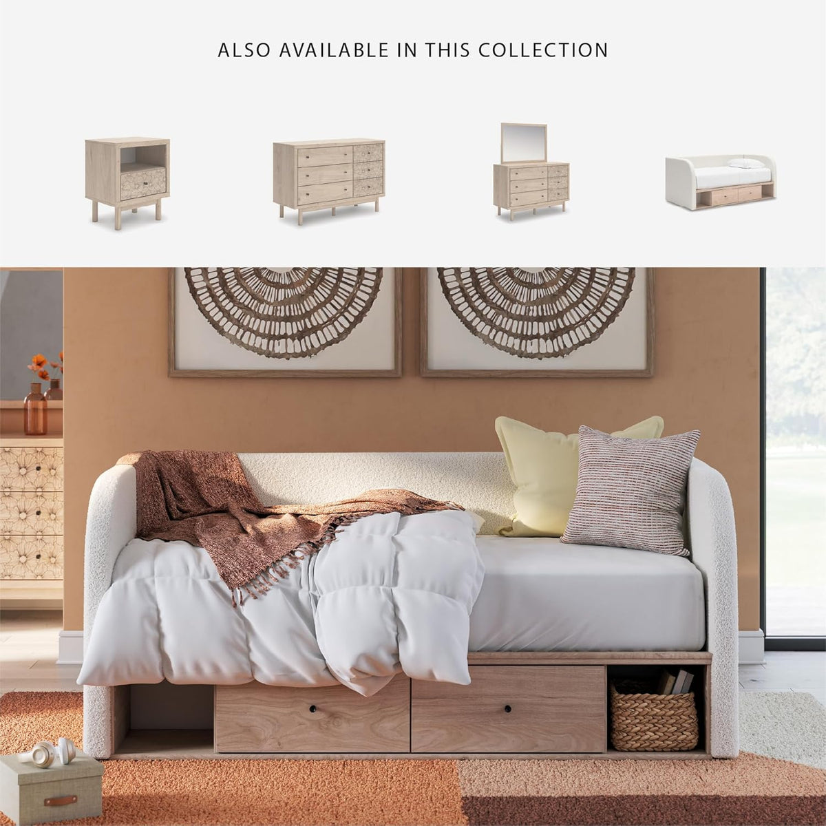Signature Design by Ashley Shapella Boho Chic Upholstered Day Bed with 2 Storage Drawers, Foundation or Box Spring Not Needed, Full, Beige & White