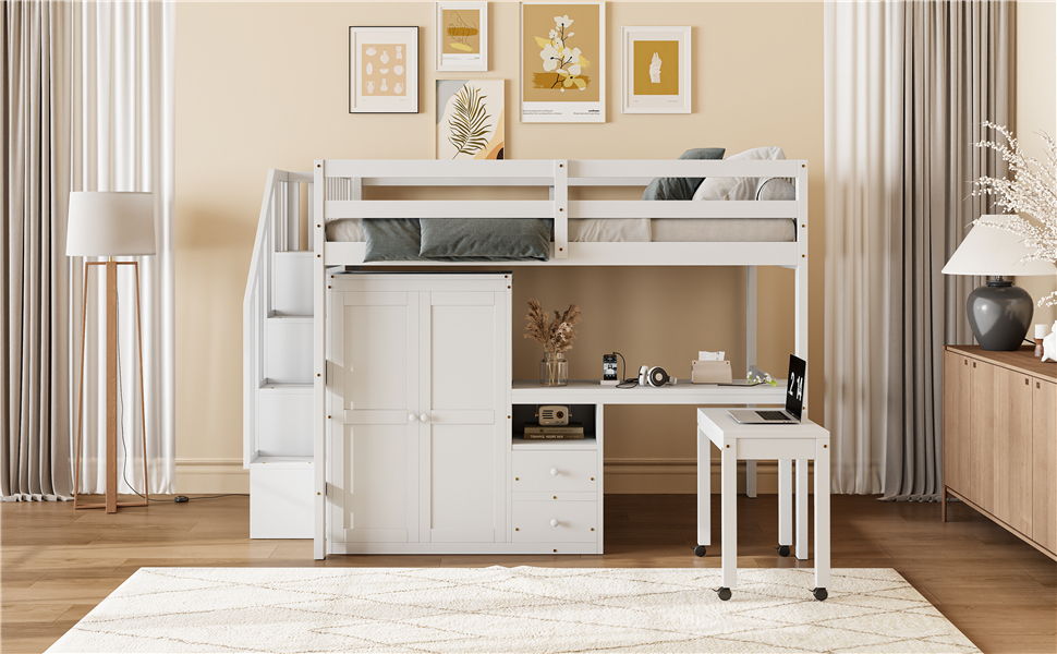 Loft Bed With Stairs, Bookshelf, Drawers, Desk & Wardrobe, Space Saving Multifunctional Furniture