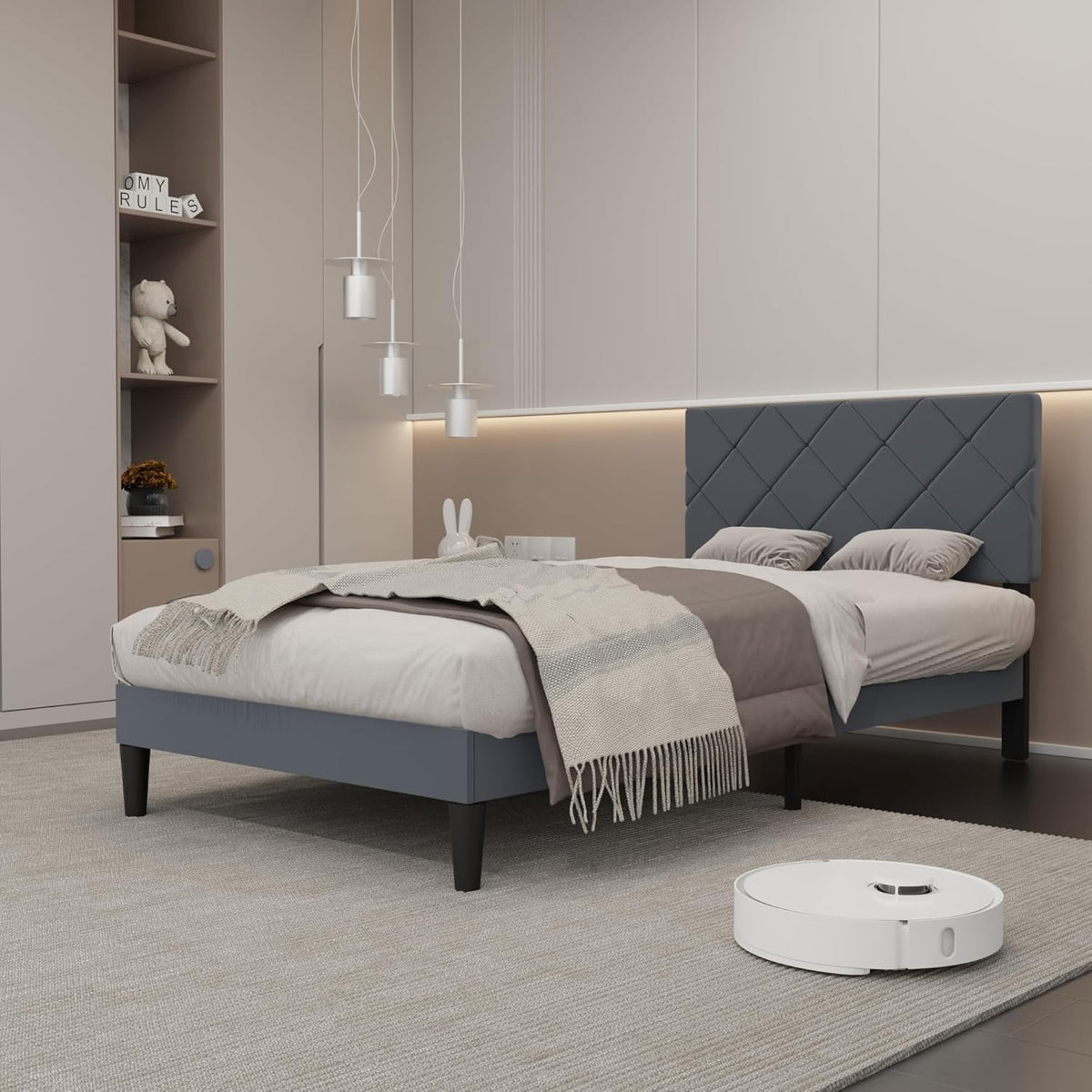 Twin Bed Frames with Adjustable Headboard, Velvet Upholstered Platform Bed, Twin Size Bed Frames with Strong Metal Slat Support,Mattress Foundation, No Box Spring Needed,Easy Assembly Gary