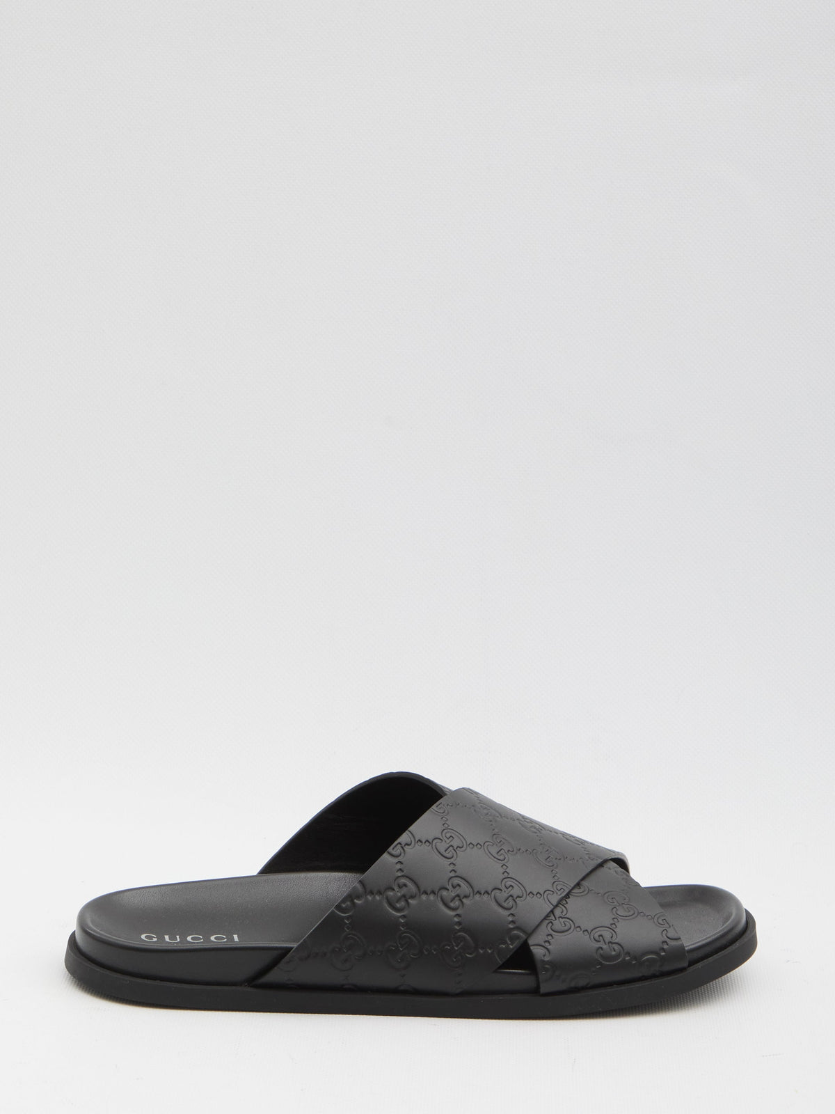 GUCCI Men's Leather Slide Sandals with Braided Strap and Embossed Logo - Comfortable Rubber Sole